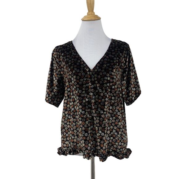 Madewell Velvet Tulip Sleeve Blouse Womens M Medium Black Multi Ruffle Trim Top - Picture 1 of 13